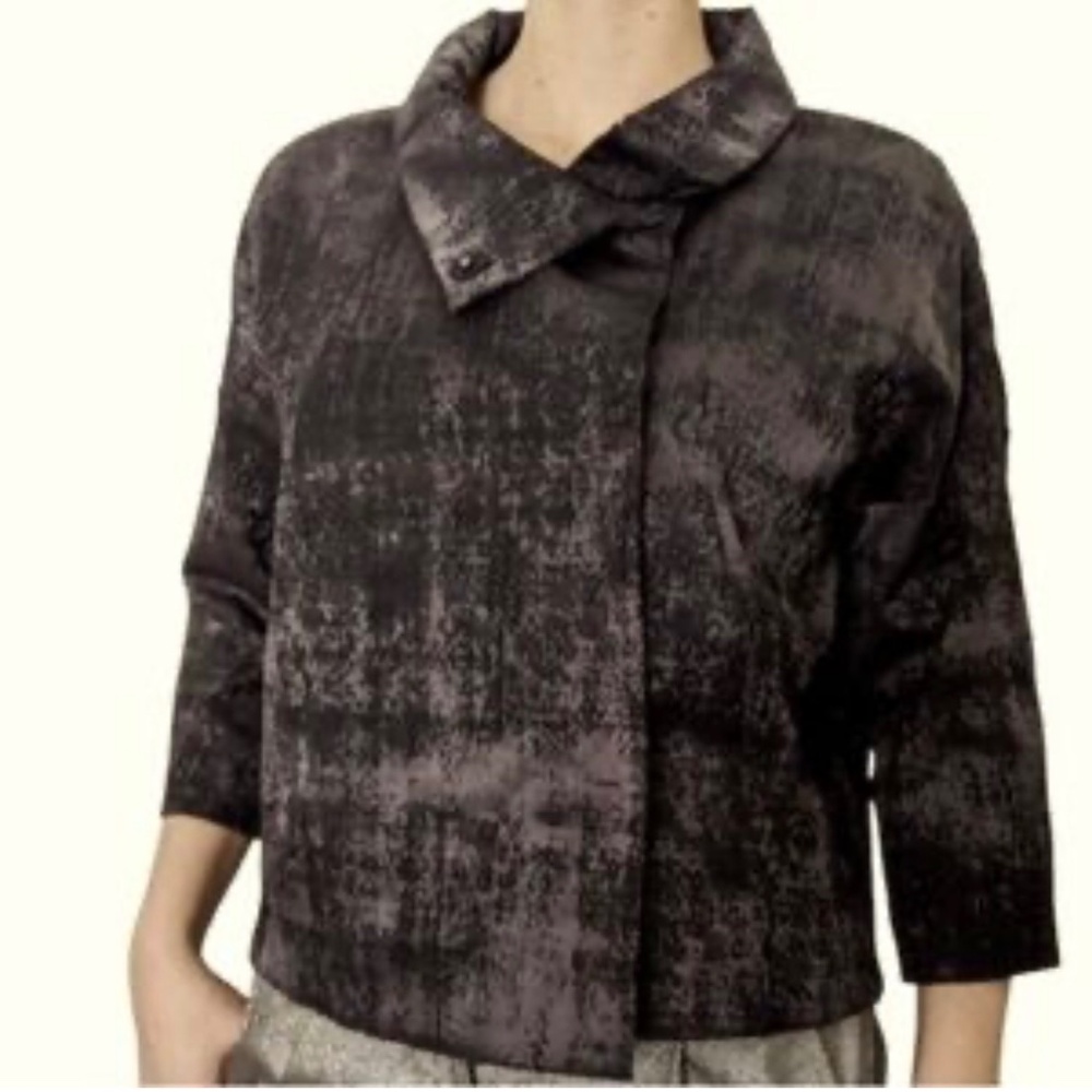 Eileen Fisher Charcoal Gray Grandeur Jacquard High Collar Jacket‎ Size M